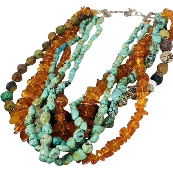 M Salazar Amber Turquoise Necklace 19" 925 Sterling Silver Native American Heavy - Picture 16 of 16